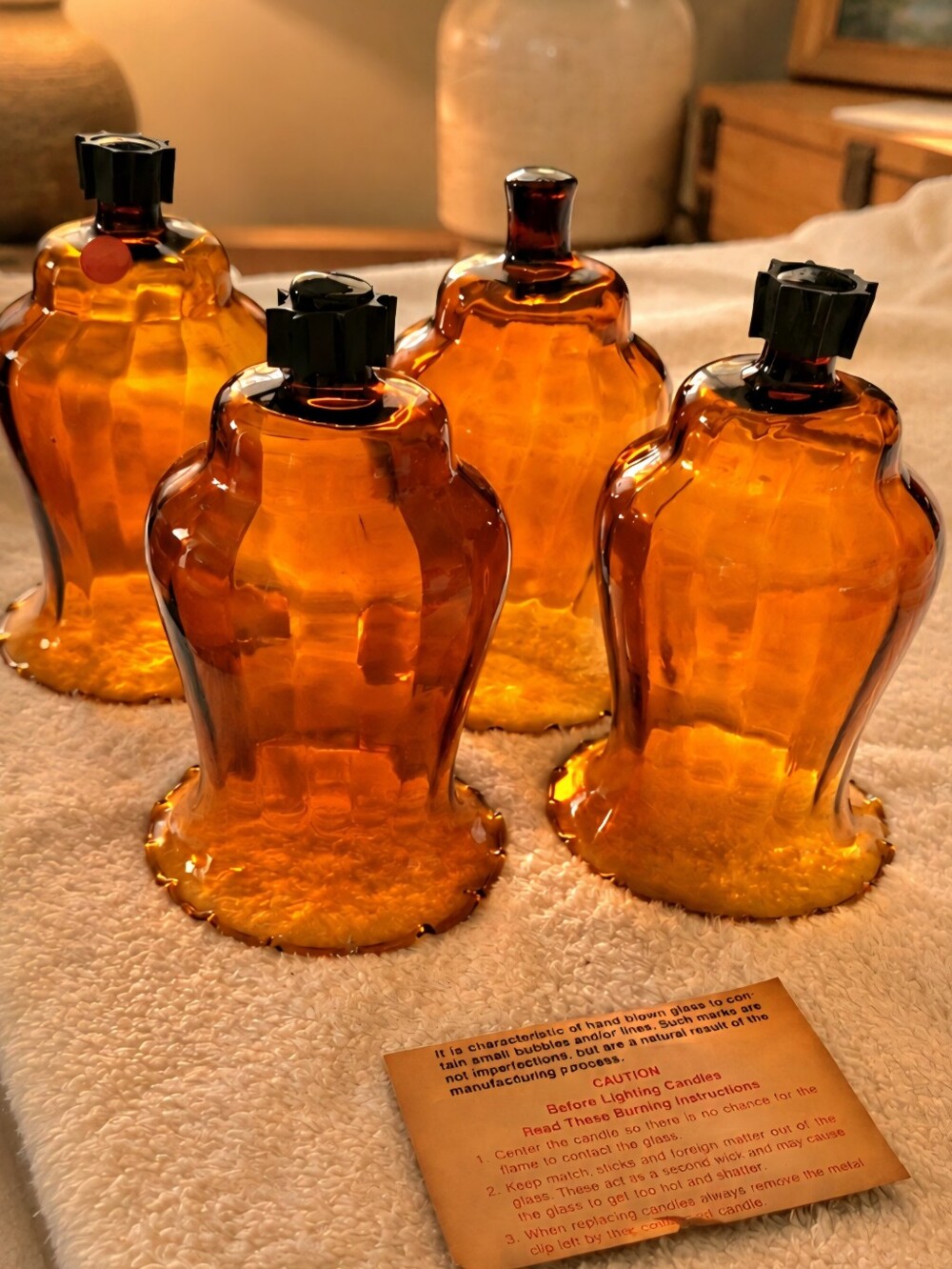 Set Of 4 Vintage Amber Glass Fluted Edge Ribbed Sconce Peg Votive Candle Holders